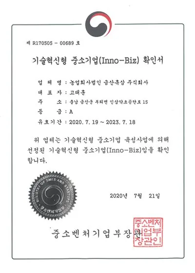 기술혁신형 중소기업(Inno-Biz) A등급 인증서 — 금흑 홍삼·흑삼 OEM 공장