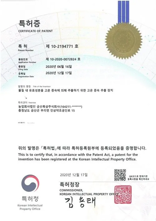 특허 · 고온 증숙 추출 장치 인증서 — 금흑 홍삼·흑삼 OEM 공장